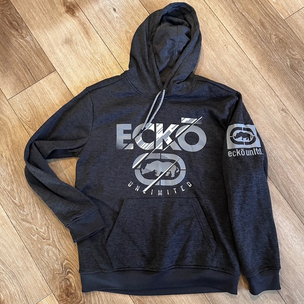 Ecko Unltd Mens Rhino Logo Fleece Hoodie Charcoal Heather Grey Sweatshirt Medium